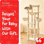 66-Inch Tall Cat Tree for Indoor Cats, Multi-Level Large Cat Tower with 3 Hammocks, 2 Padded Perches, cat Tree Tower with Scratching Post and Hanging Toys for Large Adult, Beige
