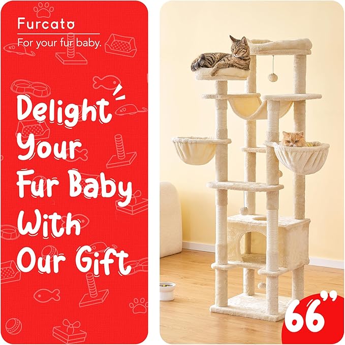 66-Inch Tall Cat Tree for Indoor Cats, Multi-Level Large Cat Tower with 3 Hammocks, 2 Padded Perches, cat Tree Tower with Scratching Post and Hanging Toys for Large Adult, Beige