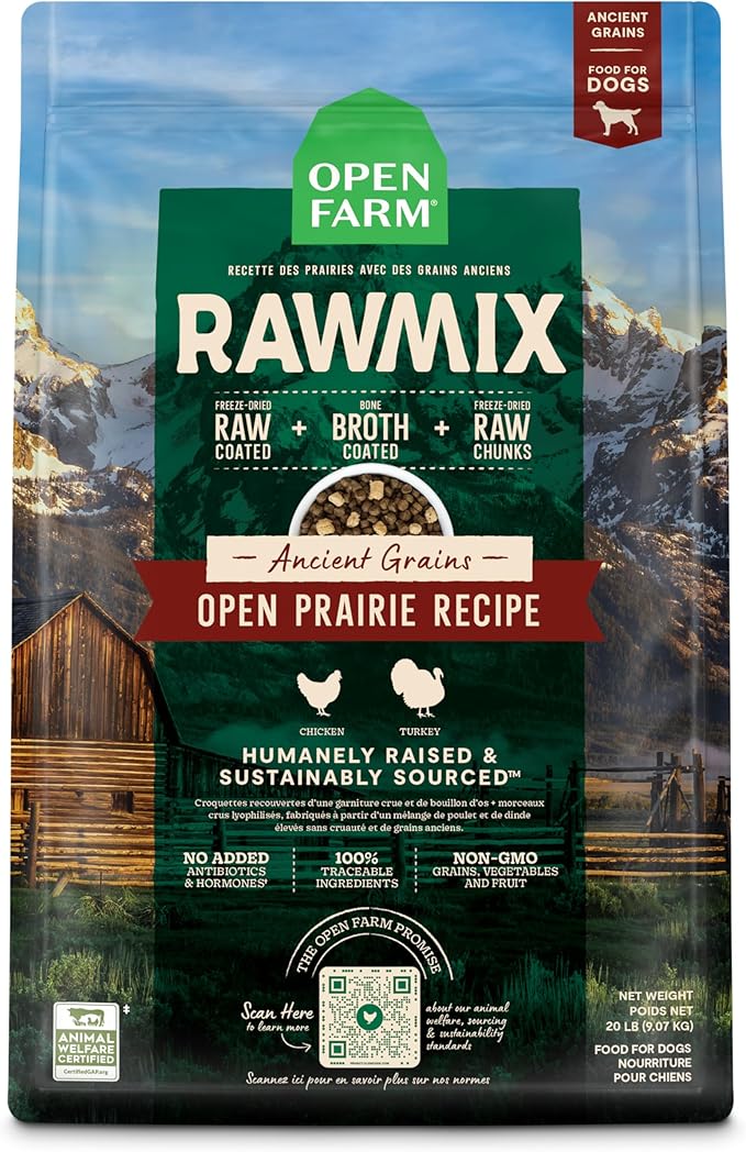 Open Farm, RawMix Dry Dog Food with Ancient Grains, Protein-Packed Kibble Coated in Bone Broth with Freeze Dried Raw Chunks, Chicken & Turkey, Open Prairie Recipe, 20lb Bag