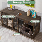 Large Dog Crate Furniture Large Breed,71 Inch Wooden Dog Crate with Tilt Out Trash Cabinet,Drawers,Divider and Sliding Barn Door, Double Doors Dogs Crate for 2 Dogs (Modern Walnut)