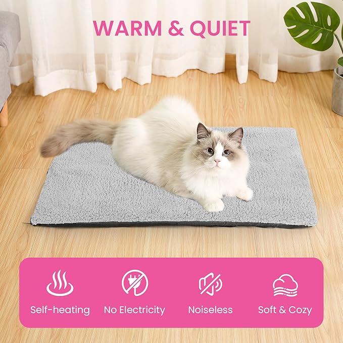 Self Warming Cat Bed, Noiseless Cat Heating Pad, Self Heating Cat Dog Mat, Extra Warm Thermal Pet Pad for Indoor Outdoor Pets with Removable Cover Non-Slip Bottom Washable (Large)