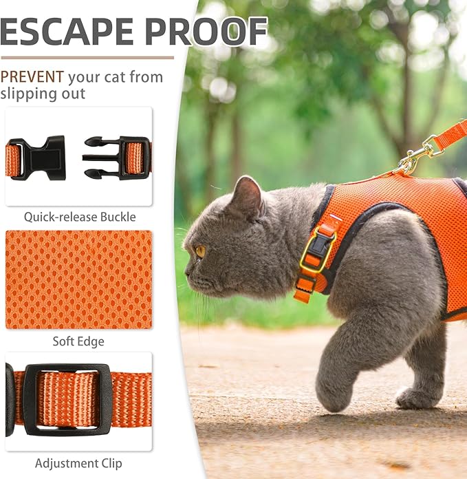 PUPTECK Soft Mesh Cat Vest Harness and Leash Set Puppy Padded Pet Harnesses Escape Proof for Cats Small Dogs Rabbits Bunny, Orange M