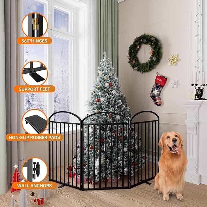 3 Panels Full Matel Freestanding Dog Gates with Door, 72"Extra Wide 36"Tall Free Standing Dog Pet Gate for Indoor & Outdoor. Foldable Pet Fences for Doorways, House, Stairs, Porch, Deck, Yard