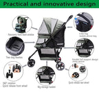 ROODO 3 Wheel Dog Pet Cat Stroller Best Lightweight Foldable Compact Portable Jogger All Terrain Travel Pet Gear Puppy Kitty Stroller for up to 30lbs Medium Small Dogs and Cats(Cationic ash)