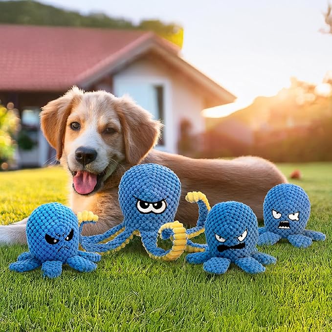 Interactive Dog Toys Octopus, 4 Pack Squeaky Hide And Seek Large Dog Toys to Keep Them Busy, Tough Plush Chew Toy, Tug of War Doggie Toy for Small,Medium and Large Breeds, Puppy Toys Puzzle