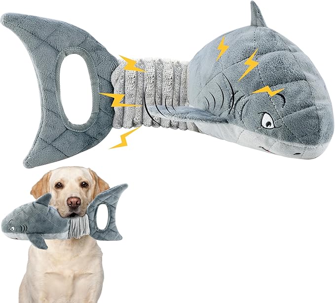 LEGEND SANDY Dog Toys for Large Dogs, Dog Chew Toys to Keep Them Busy, Interactive Squeaky Pet Toys, Tug of War, Crinkle Grey Shark