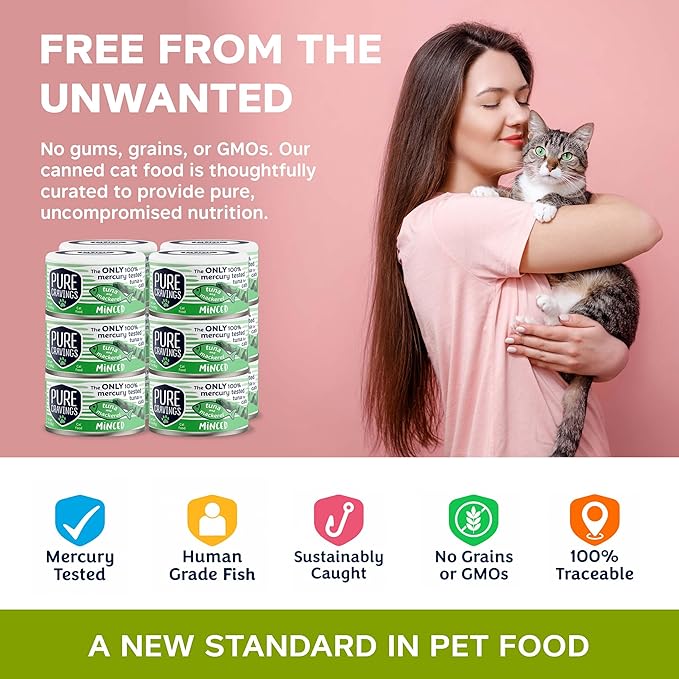 Minced Tuna and Mackerel Wet Canned Cat Food, 100% Mercury-Tested Tuna, Moist Can Fish for Cats, Grain-Free, Protein, Non-GMO, 3oz, Pack of 12