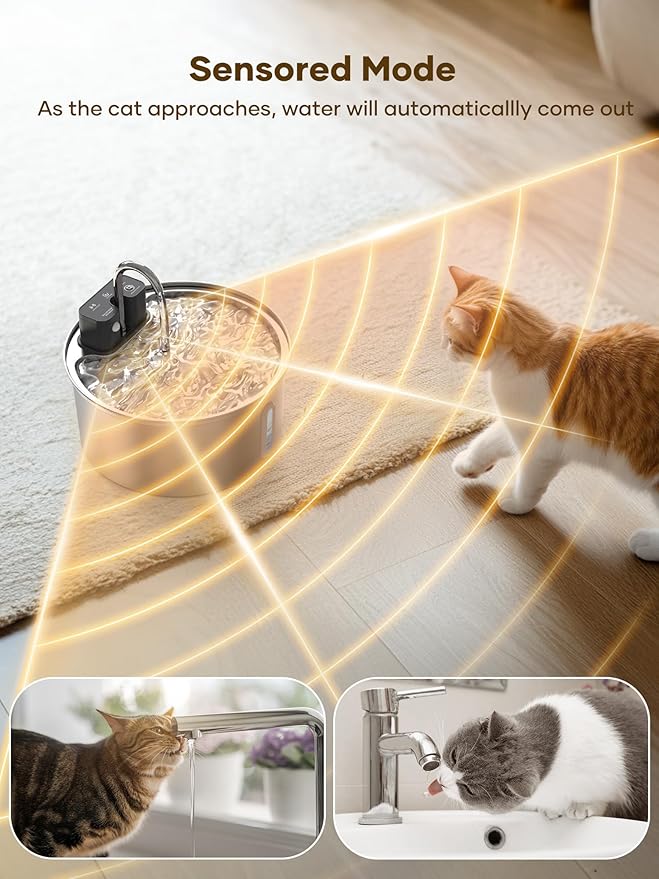 Wireless Cat Water Fountain 10Pcs Filters - 108oz/3.2L Automatic Cat Water Fountain Cordless, Stainless Steel Battery Operated Pet Fountain Rechargeable Water Dispenser for Cats, Dogs, Multiple Pets