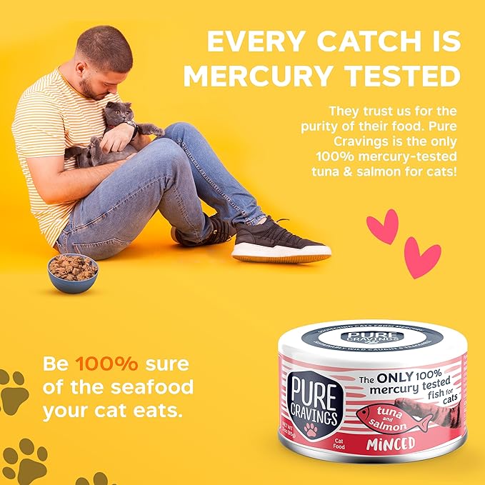 Minced Tuna and Salmon Wet Canned Cat Food, 100% Mercury-Tested, Moist Can Fish for Cats, Grain-Free, Protein, Non-GMO, 3oz, Pack of 12