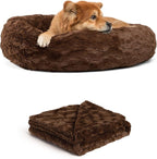Best Friends by Sheri Bundle Set The Original Calming Lux Donut Cuddler Cat and Dog Bed + Pet Throw Blanket Dark Chocolate Medium 30" x 30"