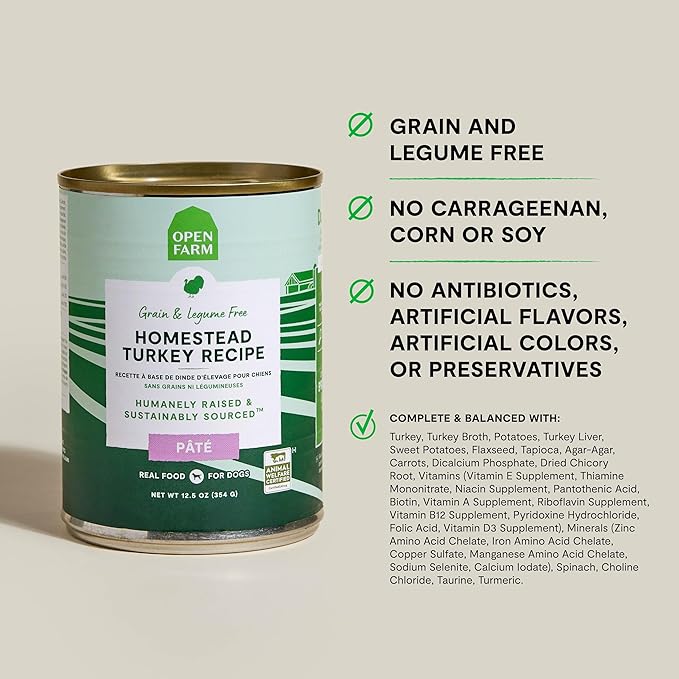 Open Farm Canned Dog Food, Paté for Complete & Balanced Nutrition, Grain-Free and Legume-Free, Homestead Turkey Recipe, 12.5oz Cans (Pack of 12)