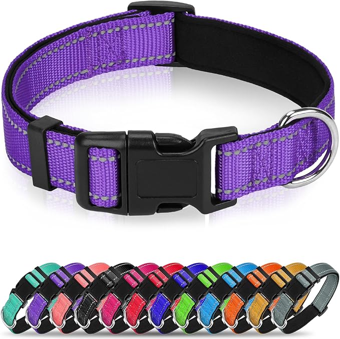 Reflective Dog Collar, Soft Neoprene Padded Nylon Pet Collar with Quick-Release Buckle, Adjustable for Extra Large Dogs,Purple,XL