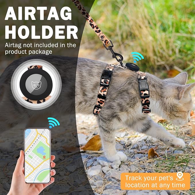SCENEREAL Adjustable Cat Harness and Leash Set with AirTag Holder, Escape-Proof Design for Small to Large Cats, Lightweight Soft Travel Harness, Khaki Leopard