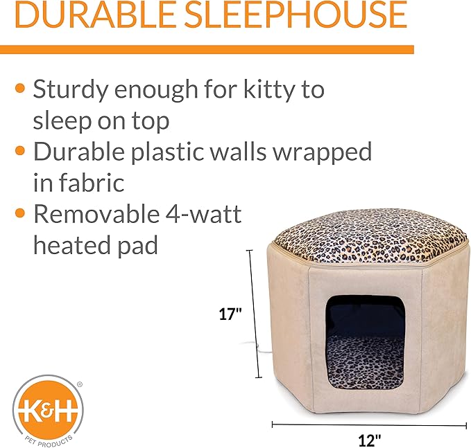 K&H Pet Products Thermo-Kitty Sleephouse Cat Cave - Energy Efficient Safety Listed Heated Cat Bed for Indoor Cats Tan/Leopard 17 X 15 X 13 Inches