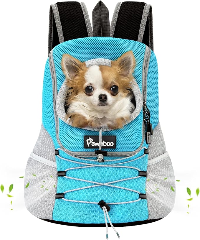 Pawaboo Pet Dog Carrier Backpack, Puppy Dog Travel Front Carrier for Small Medium Dogs Cats, Adjustable Breathable Dog Carrying Backpack with Safety Strips for Hiking, Walking (Blue M Up to 10 lbs)