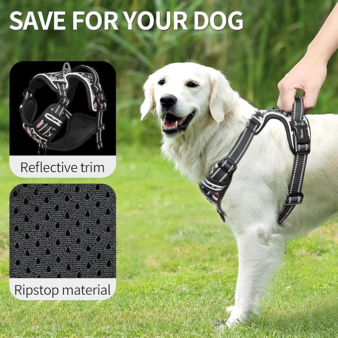 HEELE Dog Harness, No Pull Adjustable Padded Reflective Harness for Small Medium Large Dogs with Handle for Walking Training, Flower-Black, M