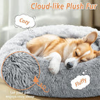 JOLLYVOGUE Calming Dog & Cat Bed for Small Dogs, Anti-Anxiety Donut Cuddler Cozy Soft Round Bed with Anti-Slip Bottom, Fluffy Faux Fur Plush Cushion Beds for Small Medium Dogs, 23"/Smoke Gray