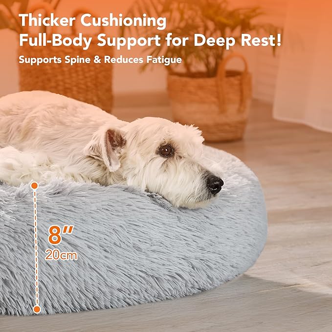 Deconovo Calming Donut Dog Bed, Washable Plush Round Pet Bed for Small Dogs & Cats with Raised Rim, Non-Slip Base and Soft Faux Fur—Lightweight, Easy-Care Design Light Grey 37" L x 37" W x 8" Th