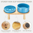 Ceramic Slow Feeder and Water Bowl Set for Medium and Large Dogs, Ceramic Dog Bowls Elevated with Wooden Stand, 2.0 Cups Dog Slow Feeder(30oz) and 70oz Water Bowl Set, Blue
