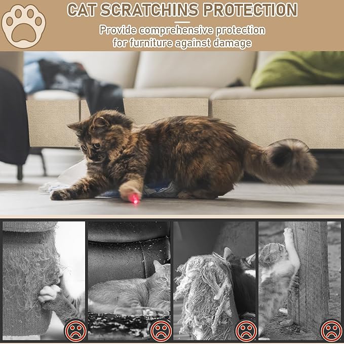 Cat Scratching Climbing Carpet Mat, Self-Adhesive Trimmable Anti Cat Scratcher Couch Furniture Protector from Cat Claws, Cat Post Covered Pad Replacement for DIY Cat Tree (Khaki, 15.8" x 79")
