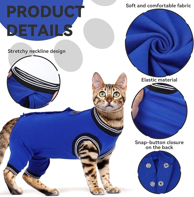 T'CHAQUE Cat Clothes Surgery Recovery Suit for Female Male, Cat Onesie Pet Surgical Pajamas Hind Legs Long Sleeve, Abdominal Wound Skin Diseases, E-Collar Alternative, Spay Recovery Suit, RoyalBlue-XL