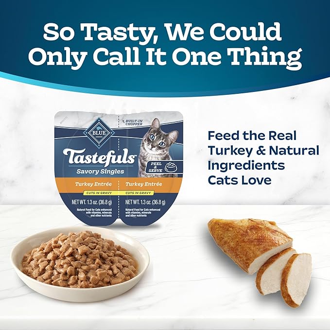 Blue Buffalo Tastefuls Savory Singles Natural Wet Cat Food in Gravy, 2.6-oz. Twin-Pack Tray, Turkey Entreé (24 Count)
