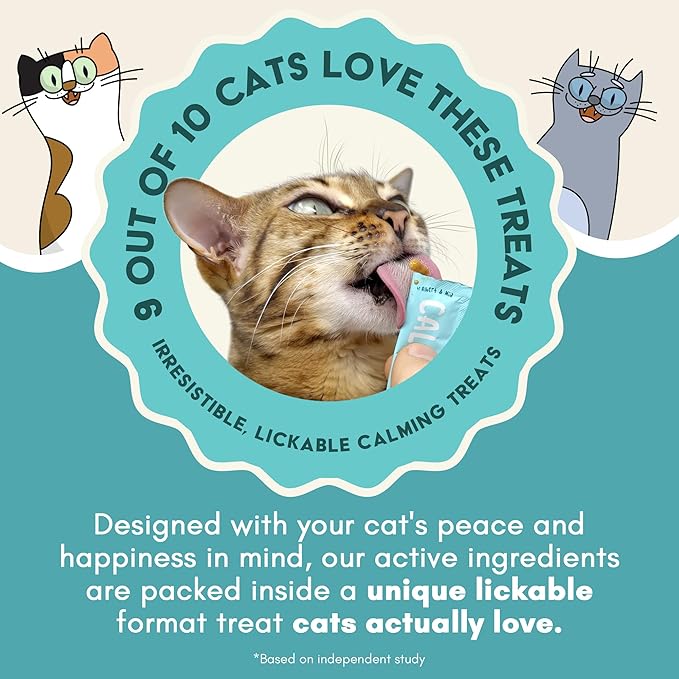 ALBERT & MIA Lickable Cat Calming Treats - Stress & Anxiety Relief for Indoor Cats - Tasty & Vet Calming Treats for Cats & Kittens (Calm Care for Grooming, Car Rides, Travel and Sleep Aid) 20 Pack