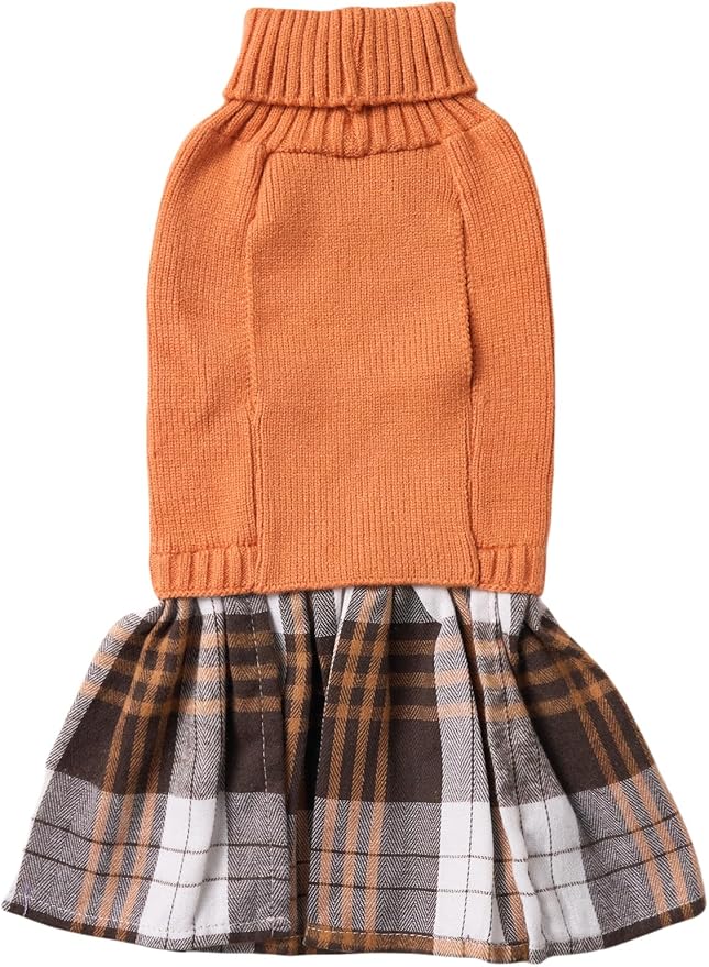 Lanyarco Orange Knitted Thanksgiving Fall Dog Sweater Dress, Dog Sweaters for Small Dogs Girl, Maltese Cat Apparel, Small (S)