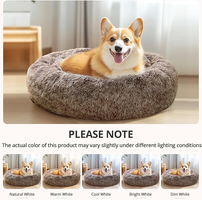 JOLLYVOGUE Calming Dog & Cat Bed for Small Dogs, Anti-Anxiety Donut Cuddler Cozy Soft Round Bed with Anti-Slip Bottom, Fluffy Faux Fur Plush Cushion Beds for Small Medium Dogs, 23"/Smoke Brown