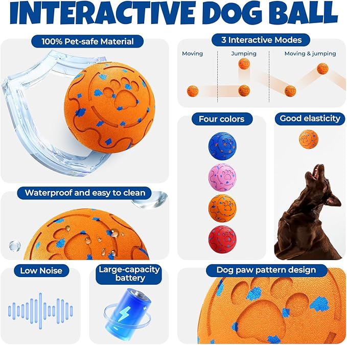 Dog Balls: Interactive Dog Ball Auto Rolling - Interactive Dog Toys for Aggressive Chewers - Bouncy & Throwable, Type-C Rechargeable, Washable, for Small & Medium & Large Dogs – Orange