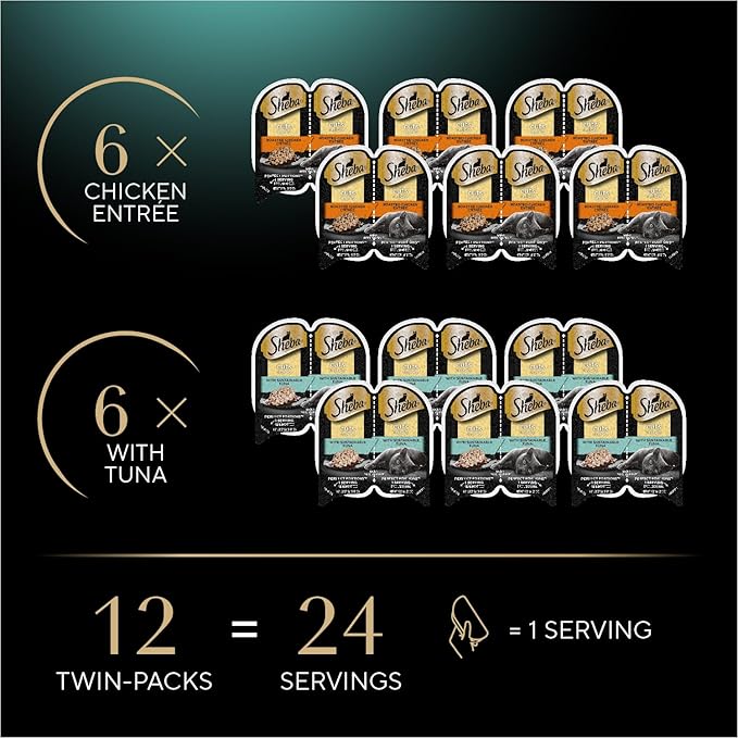 Sheba Perfect Portions Wet Cat Food Cuts in Gravy, with Sustainable Tuna, Roasted Chicken Entree, 2.6 oz. Twin-Pack Trays (6 Count, 12 Servings) (Pack of 2)
