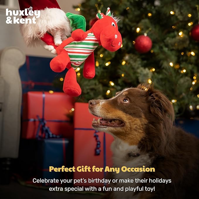 Huxley & Kent Funny Dog Toy w/Squeaker – Holiday Power Plush Squeaky Dog Toys for Small, Medium & Large Dogs – Soft Stuffed Animal for Indoor Play & Fetch - Snowball Dragon, Small