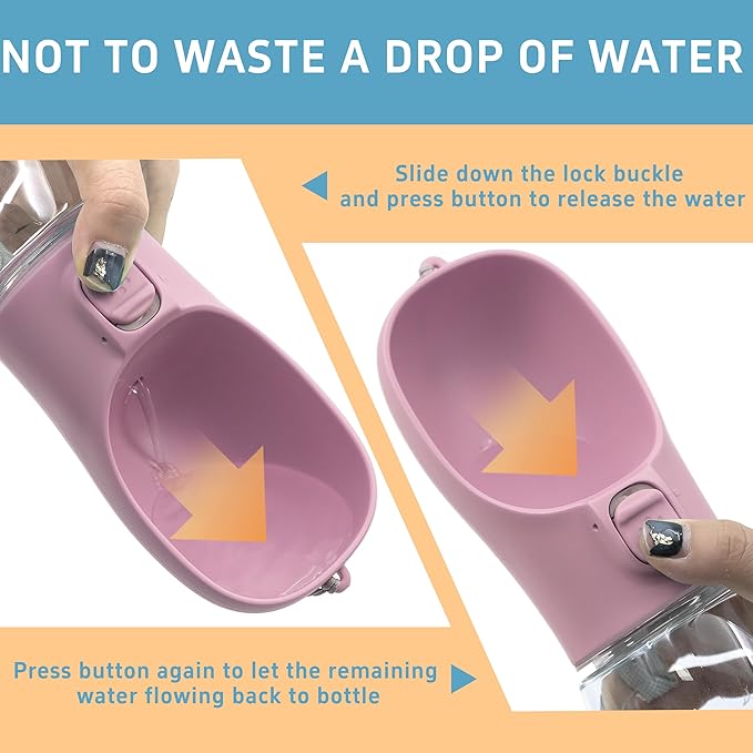 Portable Dog Water Bottle with Bowl, Leak Proof, Convenient for Walking, Hiking and Camping (Pink, 12oz)