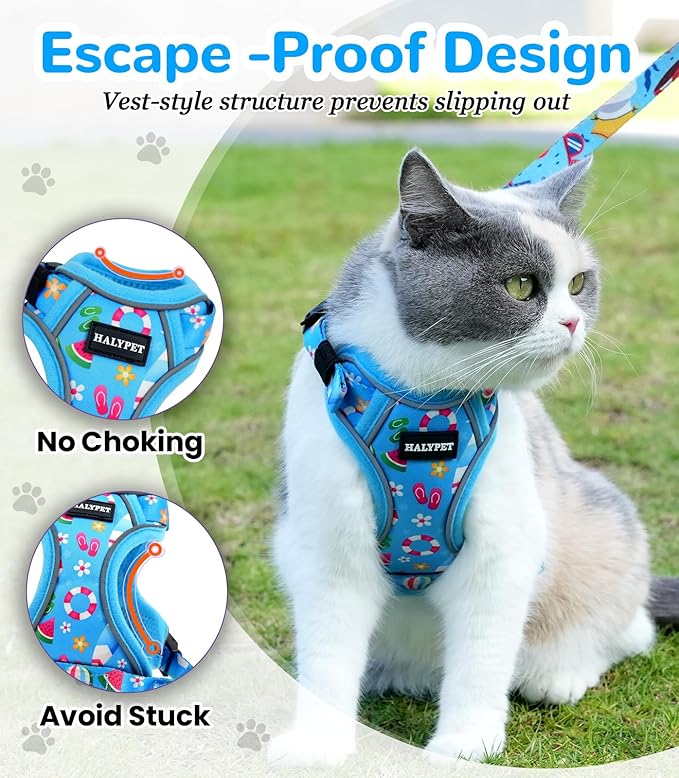 Halypet Cat Harness and Leash Set for Walking, Escape Proof Adjustable Vest Harness with 3-in-1 Integrated Buckles, Easy Control Soft Breathable Mesh with Reflective Strips for Cats, S, Ocean Blue