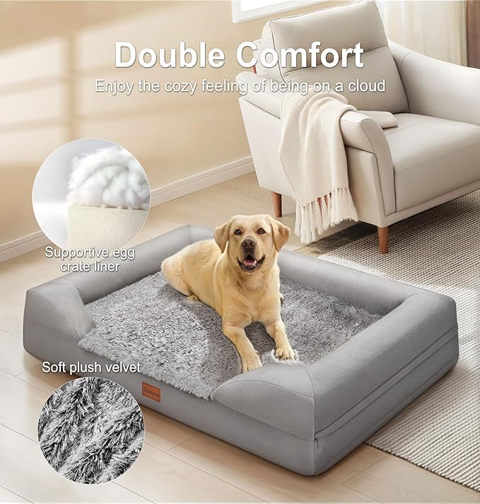 Gimars 3.7in Thickened Orthopedic Dog Bed for Large Dogs, Supportive L Dog Sofa Bed with Bolster & 28D Egg-Crate Mattress, Waterproof Lining, Washable Plush Cover for Arthritic Dogs