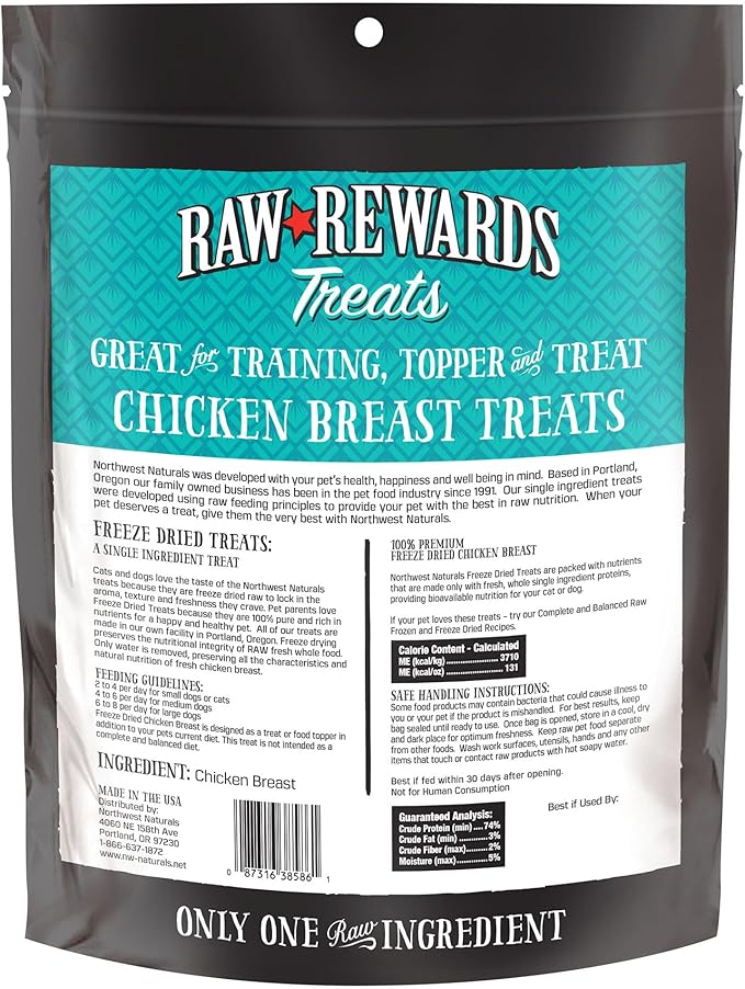 Northwest Naturals Raw Rewards Freeze-Dried Chicken Breast Treats for Dogs and Cats - Bite-Sized Pieces - Healthy, 1 Ingredient, Human Grade Ingredients, Natural, Made in USA, 10 Oz (Pack of 2)