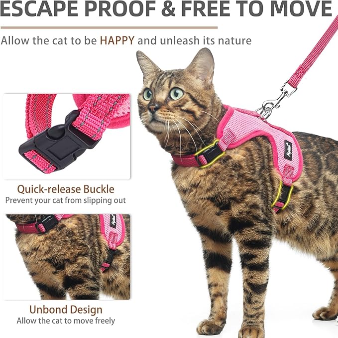 PUPTECK Cat Harness and Leash Set Escape Proof, Reflective Adjustable Soft Mesh Kitten Vest Harness for Walking Travel, Pink, S