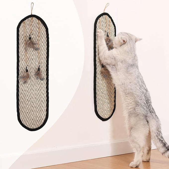 Boho Sisal Cat Scratcher Mat with Hook and Loop Strips (Scratch Protector for Carpet, Sofa, Wall and Furniture), Durable and Shedding-Resistant Surface (Oval Medium, Fishbone)