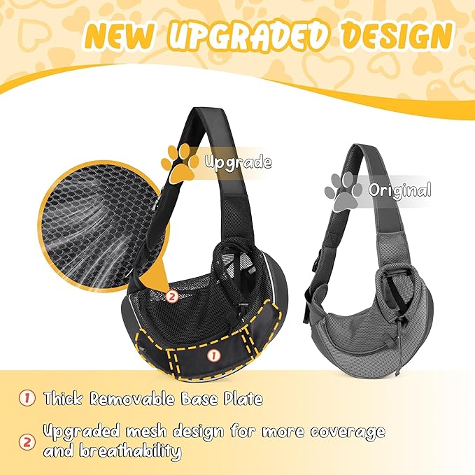 Upgraded Breathable Mesh Dog Sling Carrier for Small Dogs & Cats Up to 10 lbs- Detachable Hard Bottom, Adjustable Strap & Large Pocket - Hands-Free Pet Carrier for Travel Walking Hiking (Black Size M)
