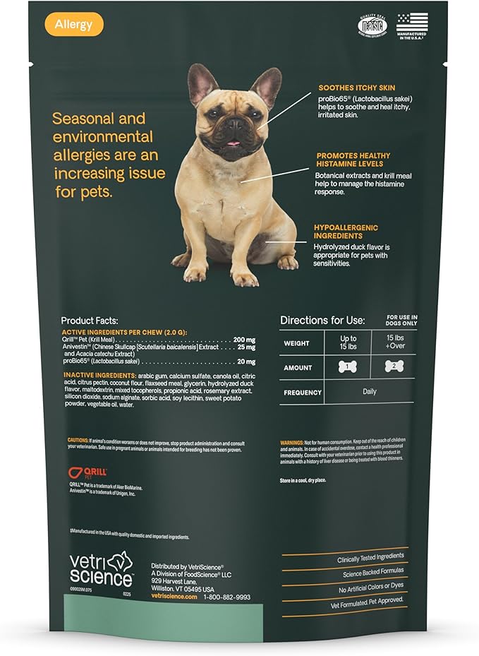 VetriScience Allergy & Itch Support Chews, Skin and Coat Supplement for Dogs, Allergy Chews for Itching, Scratching, and Licking, Support Skin and Immune Health, Duck, 75 Count