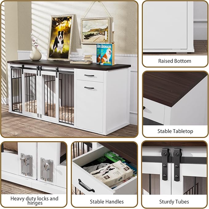 Large Dog Crate Furniture Large Breed,71 Inch Wooden Dog Crate with Tilt Out Trash Cabinet,Drawers,Divider and Sliding Barn Door, Double Doors Dogs Crate for 2 Dogs (White)