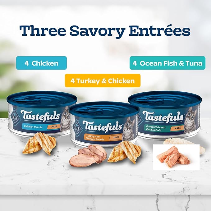 Blue Buffalo Tastefuls Wet Cat Food Paté Variety Pack Chicken Turkey & Chicken Ocean Fish & Tuna, 5.5 oz. Cans (12 Count)