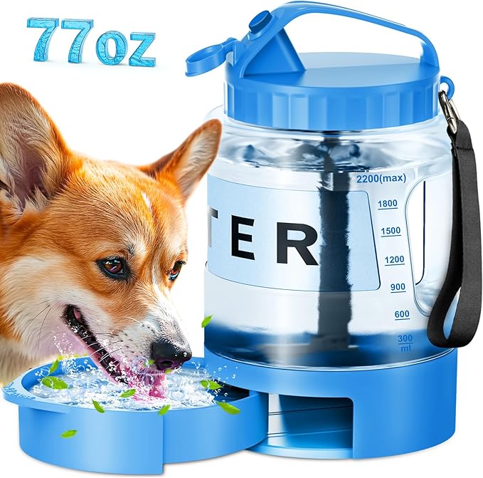 77oz Large Dog Water Bottle - Portable Travel Dog Water Dispenser & Bowl - Leak-Proof Pet Water Jug for Hiking, Camping, Walking & Car Trips, Blue