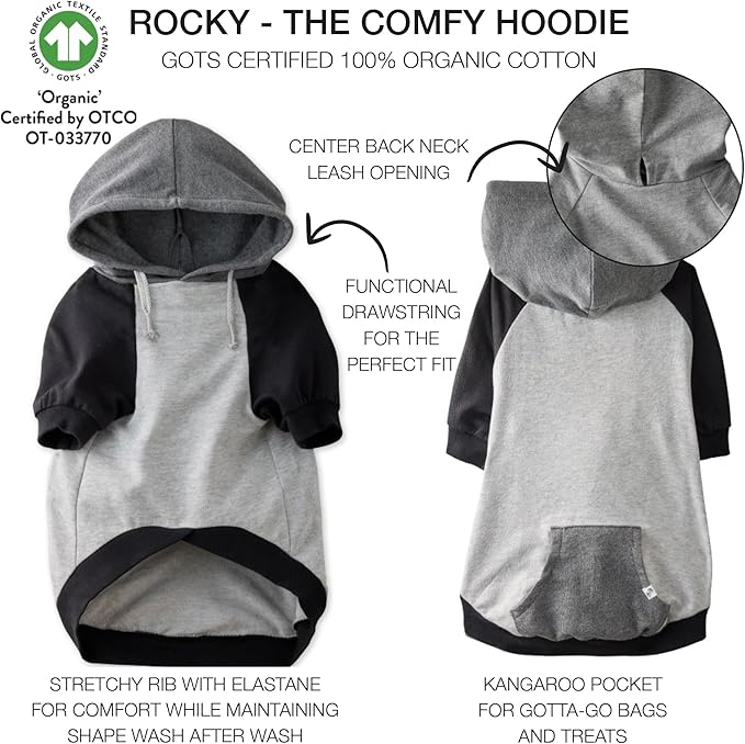 Rocky – The Orginal Lightweight Hooded TEE 100% Organic Cotton Dog Hoodie Pet Coat Sweater for Small, Medium, Large Dogs, Heather Gray Color Block, X-Small