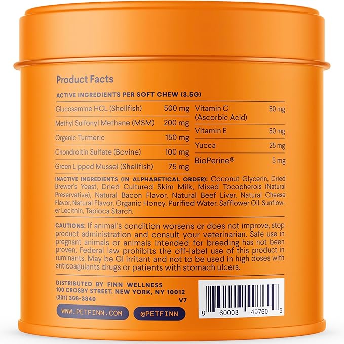 Finn Hip and Joint Supplement for Dogs | Glucosamine, Chondroitin & MSM for Joint and Mobility Support | with Turmeric, BioPerine and B-Vitamins | 90 Soft Chews