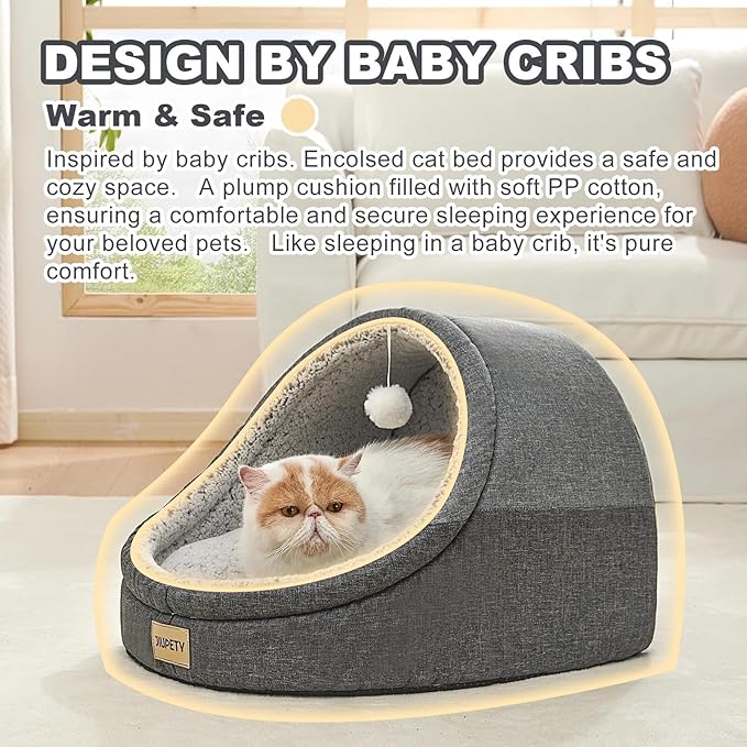 Jiupety Cute Cat Beds for Indoor Cats, Cat Cave Bed and Kitten Bed, Burrowing Cat Bed & Puppy Bed with Anti-Slip Bottom, Washable Removable Cushion, L(19"x17"x16"), Dark Gray.