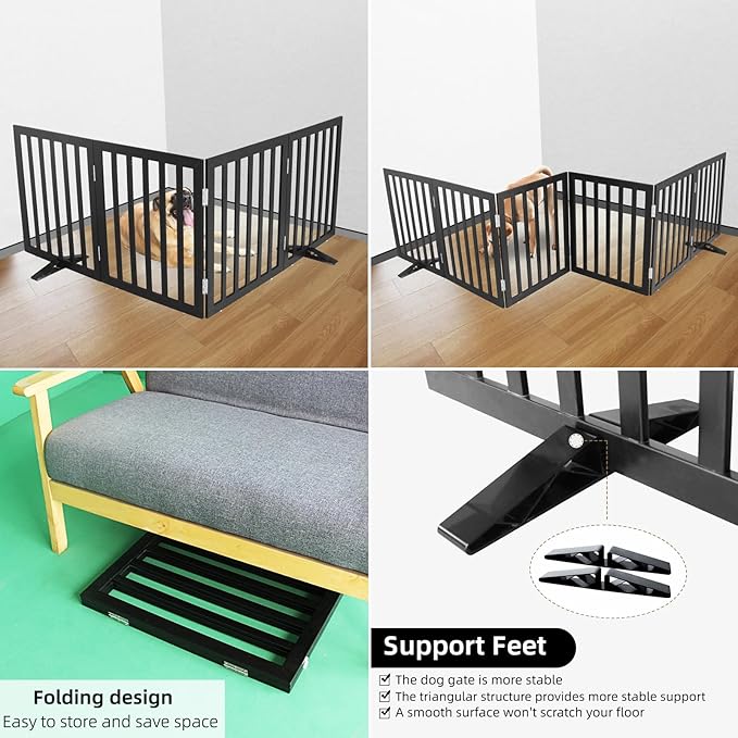 ZJSF Freestanding Indoor Dog Gate for House Foldable Wood Puppy Gate for Doorways Pet Gate for Stairs Extra Wide Pet Fence, Black, 32" Height 4 Panels