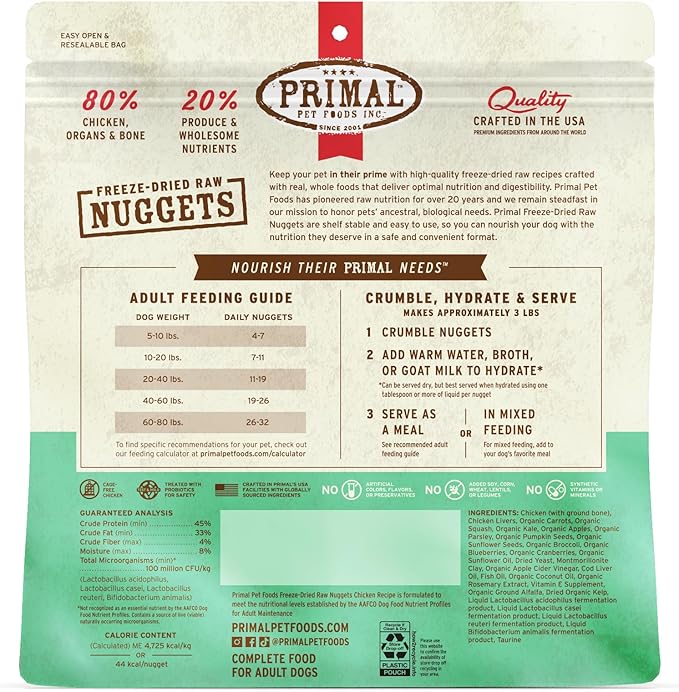Primal Freeze Dried Dog Food Nuggets, Chicken; Complete & Balanced Meal; Also Use as Topper or Treat; Premium, Healthy, Grain Free, High Protein Raw Dog Food, 14 oz (Pack of 2)