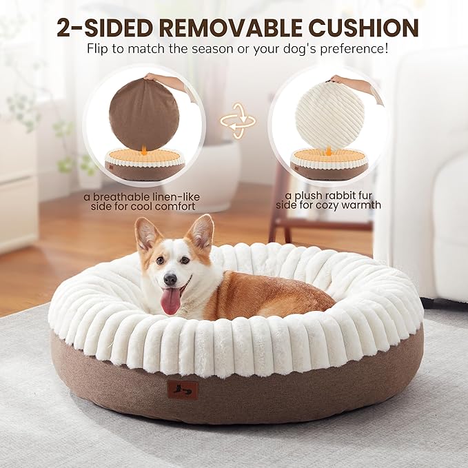 Donut Dog Bed Medium Size Dog, Round Cat Beds for Small Medium Dogs and Cats with Washable Fluffy Faux Fur, Cute Comfort Pet Bed with Anti-Slip Bottom, Cream, 36"