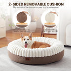 Donut Dog Bed Medium Size Dog, Round Cat Beds for Small Medium Dogs and Cats with Washable Fluffy Faux Fur, Cute Comfort Pet Bed with Anti-Slip Bottom, Cream, 36"